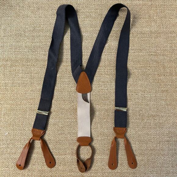 Trafalgar Suspenders Cream Navy Gray Leather Button On Braces USA Made - Picture 4 of 12